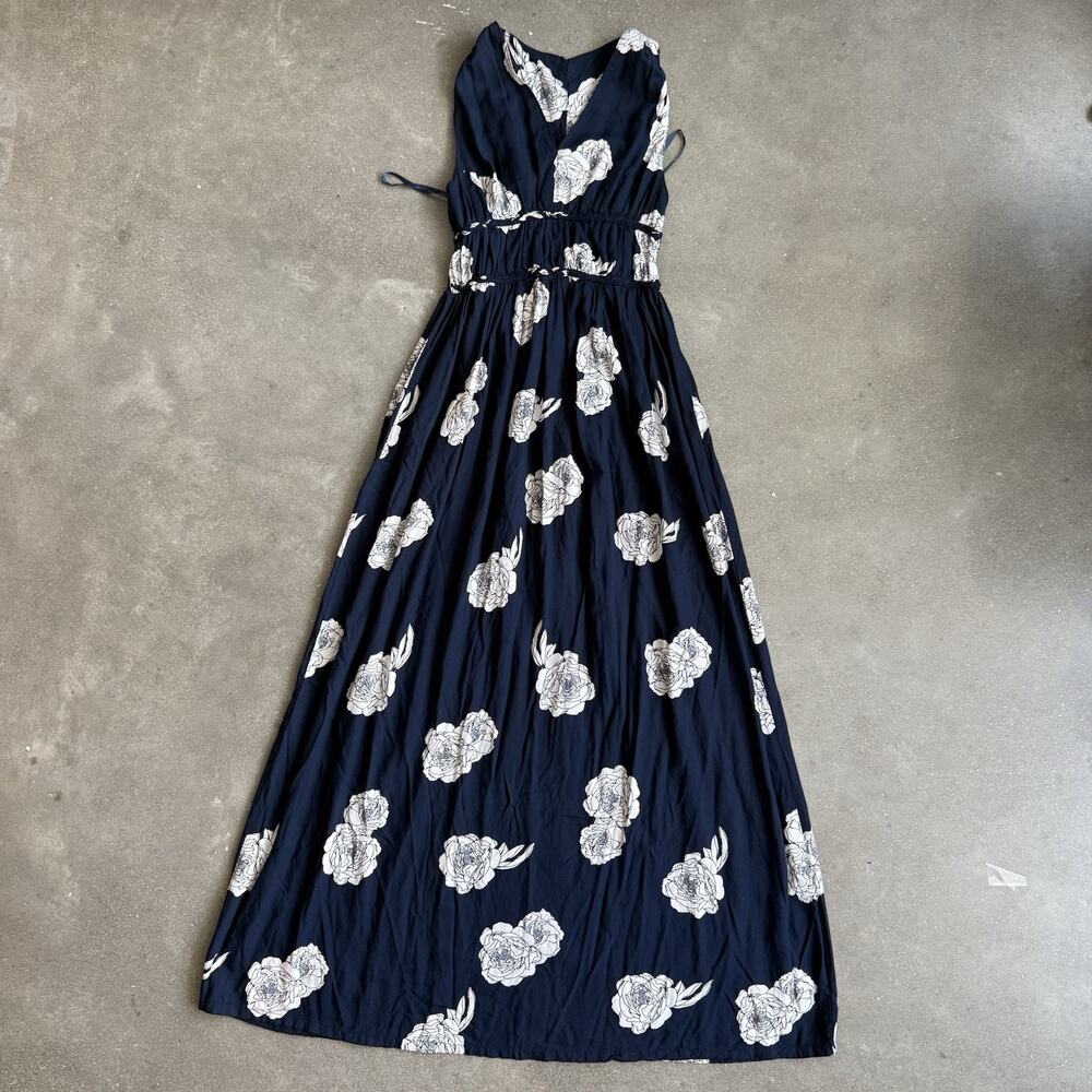 Japna Women’s Medium navy blue and white Maxi Dress Sleeveless V Neck Boho Beach